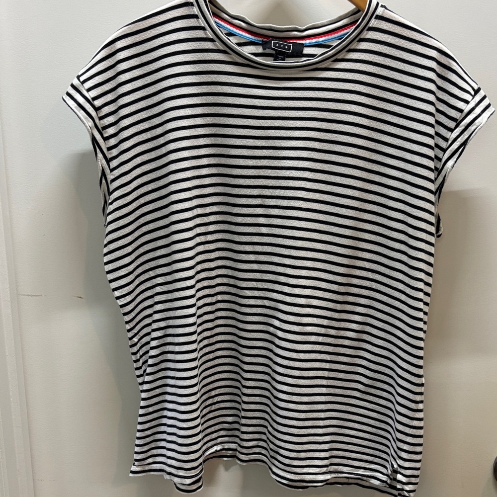 AYR Black & White Striped Crewneck Cap-Sleeve Tee